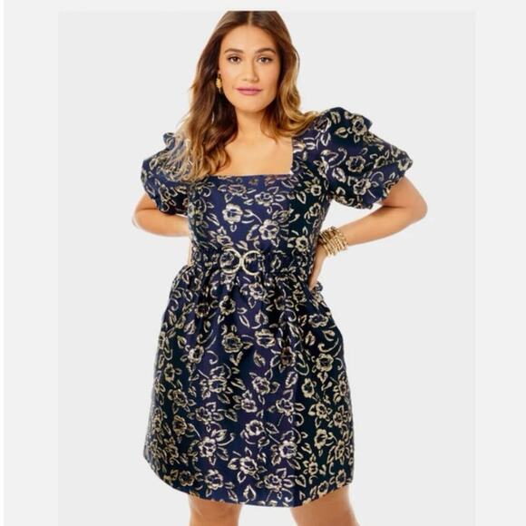 Lilly Pulitzer Kasslyn Navy Gold Puff Floral Brocade Party Pocket Dress Size 6 - Picture 4 of 14
